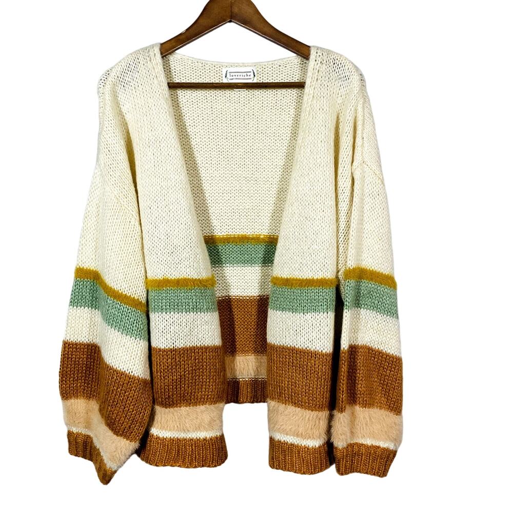 Loveriche Open Front Cardigan Stripe Soft Long Sleeve Casual Knit - L